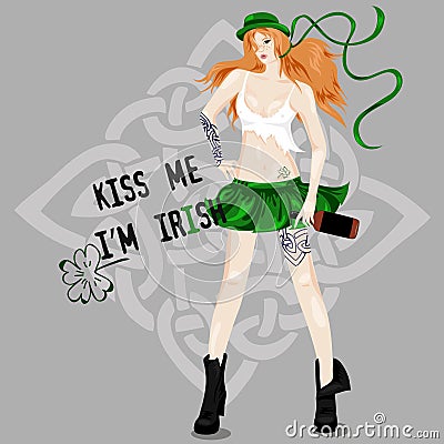 Irish girl for Saint Patrick's Day in grunge style Vector Illustration