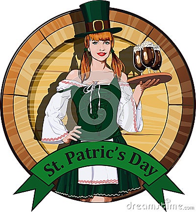 Irish waitress with beer label Vector Illustration