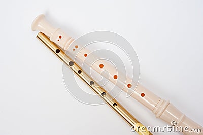 Irish whistle and block flute are longitudinal flutes with a whistle device and playing holes Stock Photo