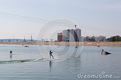 Irkutsk, Russia - July 26, Water skiing on city beach Editorial Stock Photo