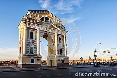 IRKUTSK, RUSSIA - November 2, 2019: Triumphal Arch Moscow Gates at night is located on Angara river embankment in the Editorial Stock Photo