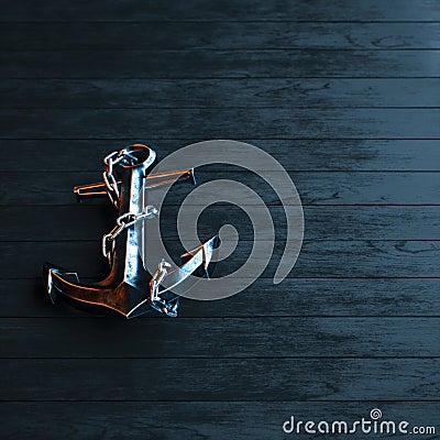 Iron anchor on a background of black painted wood 3d render Stock Photo