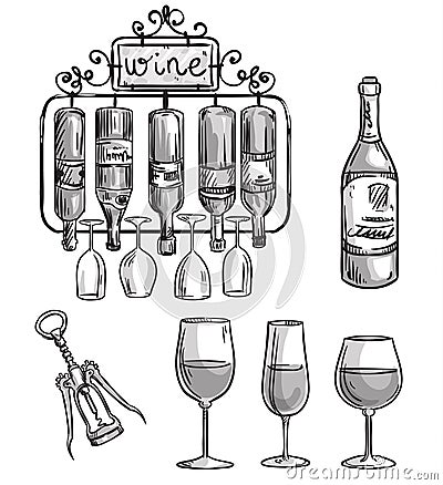 Iron cast wine holder, bottles and glasses. Vector Illustration