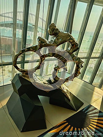 Iron cyclist sculpture, statue in Qatar Editorial Stock Photo