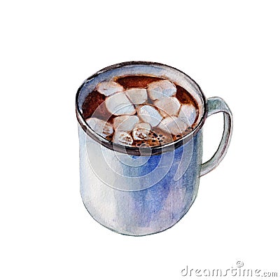 The iron enameled mug of coffee with white marshmallows. Isolated object on white background, watercolor illustration. Cartoon Illustration