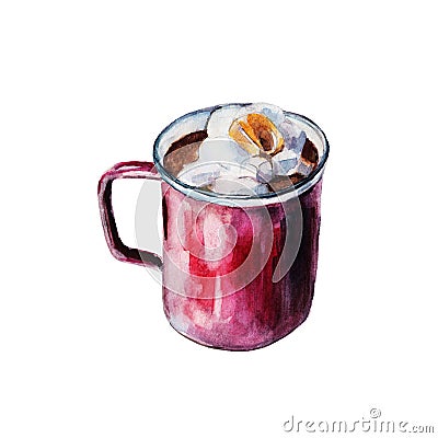 The iron enameled red mug of coffee with white marshmallows. object on white background, watercolor illustration. Cartoon Illustration