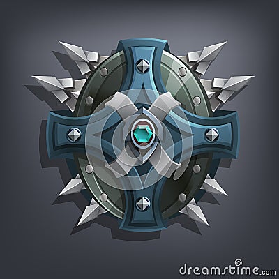 Iron fantasy shield for game or cards. Vector Illustration