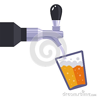 Iron faucet pours beer drink into a glass. Vector Illustration