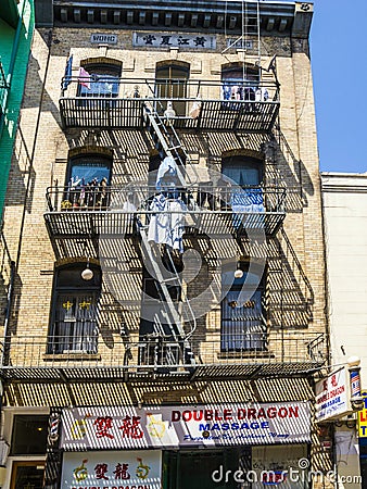 Iron fire escape is used for drying Editorial Stock Photo