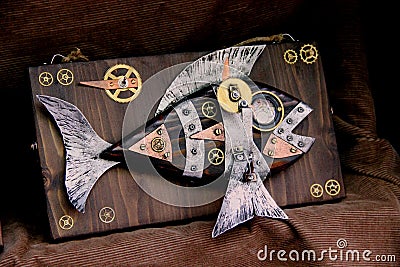 the iron fish. various mechanisms are collected in the form of decorative fish Stock Photo