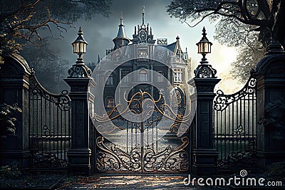 iron gates with intricate scrollwork, leading to gothic mansion Stock Photo