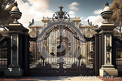 iron gates, with towering columns and decorative details, leading to palatial estate Stock Photo