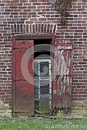Iron glass wood brick window. Vertical. Stock Photo
