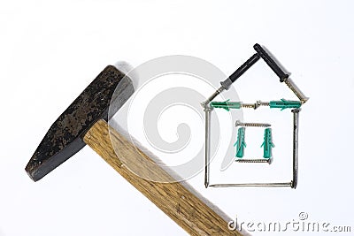 Iron hammer with wooden handle nail house on white background Stock Photo