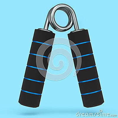 Iron hand expander or resistance band with rubber handle isolated on blue. Stock Photo