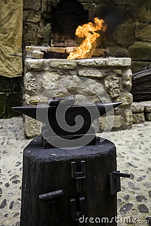 Incandescent iron in an old metal forge Stock Photo