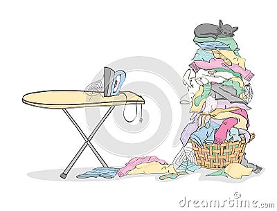 Iron and ironing board with Tall Pile of Laundry in Basket with Cat and Critters Vector Illustration