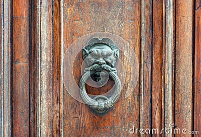 Iron lion doorknob on wooden door Stock Photo