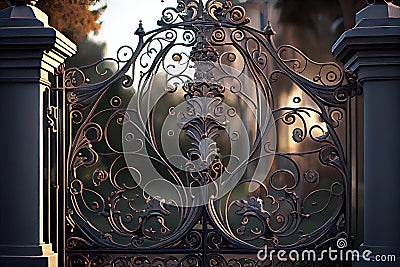 iron mansion gates with intricate metalworking and detailed scrollwork Stock Photo