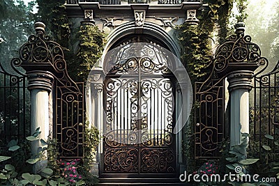 iron mansion gates, wreathed in blooming vines and bordered by lush greenery Stock Photo