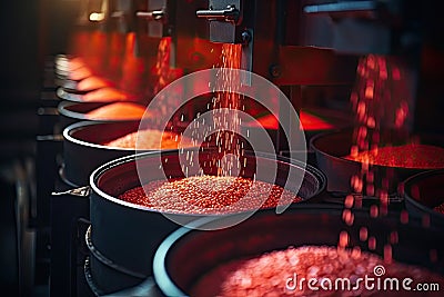 Iron pellets (granules) production in rotating drum machine. Stock Photo