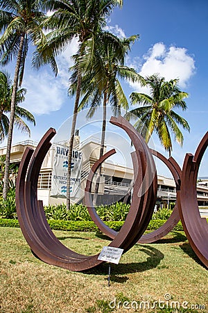 iron ring art by Bernar Venet downtown Miami in the bayside park Editorial Stock Photo