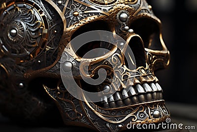 Iron skull with spiral carving patterns close-up. Generative AI Stock Photo