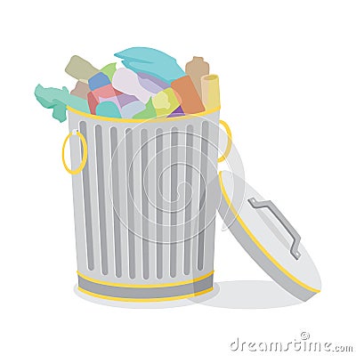 Iron Trash Cans Filed with Garbage Vector Illustration Vector Illustration