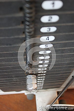 Iron weights on exercise machine,overlooking Stock Photo