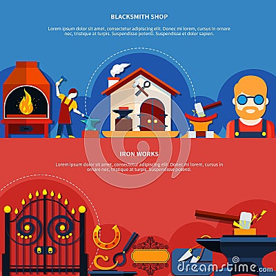 Iron Works Banners Set Vector Illustration