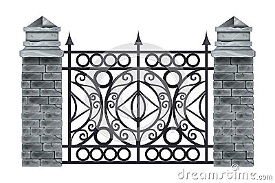 Iron wrought fence vector illustration, old ornate black steel frame, stone brick pillars, isolated on white. Vector Illustration