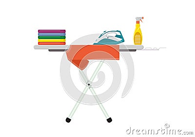 Ironing Board with clothes, iron and spray water Vector Illustration