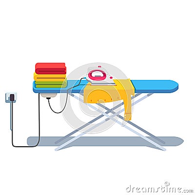 Ironing board with clothes stack and electric iron Vector Illustration