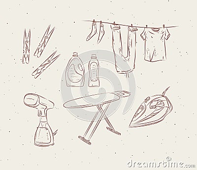 Ironing and laundry accessories graphic style beige Vector Illustration