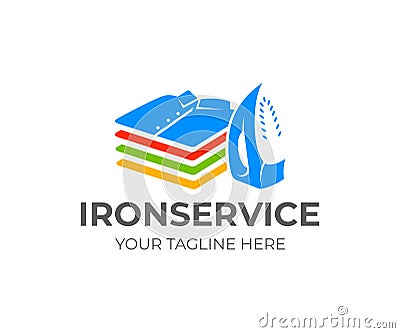 Ironing and laundry, iron and stack of folded shirts and T-shirts, logo design. Vertical position, functional modern electric iron Vector Illustration