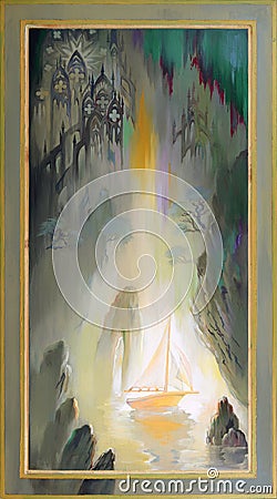 Irradiation. Fantasy fairyland landscape. Oil painting on wood. Stock Photo