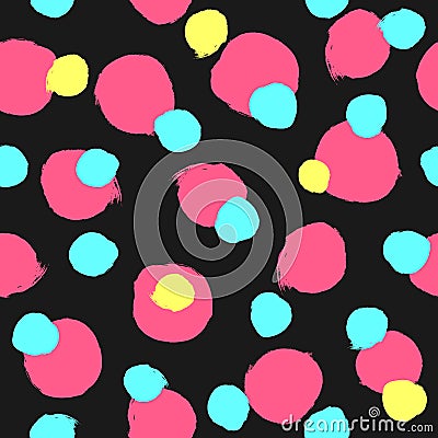 Irregular colorful polka dot painted with rough brush. Bright seamless pattern. Grunge, sketch, watercolor. Vector Illustration
