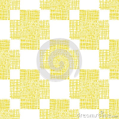 Irregular vector gauze weave effect cross seamless pattern background. Backdrop of yellow white coarsely woven crosses Vector Illustration