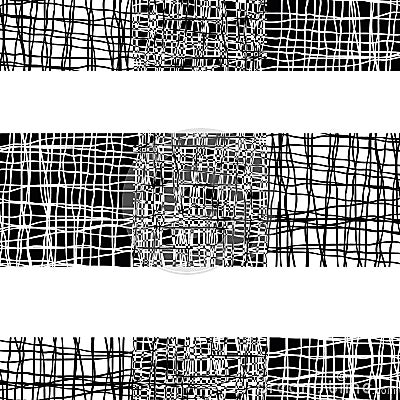 Irregular vector gauze weave effect striped seamless pattern background. Black white backdrop of alternating woven Vector Illustration