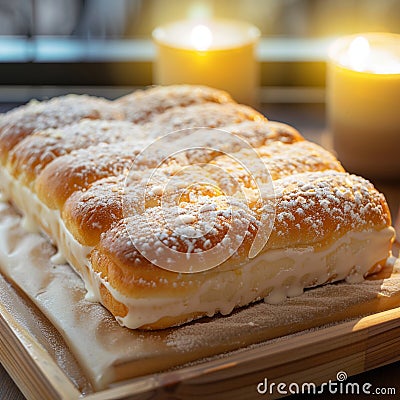 Irresistible hot bread featuring Hokkaido fresh milk cream and icing Stock Photo