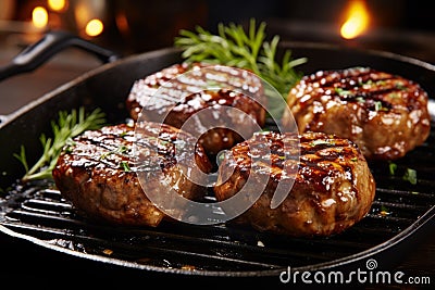 Irresistibly appetizing and succulent grilled juicy meat burger patty on a sizzling hot pan Stock Photo