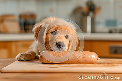 Irresistibly Cute Canine: Golden Retriever's Sausage Quest. Stock Photo