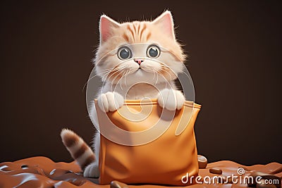 Irresistibly cute 3D cat on pet food bag, vibrant cartoon Stock Photo