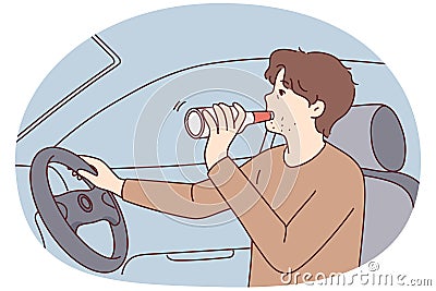 Irresponsible man drinks alcohol from bottle driving car risking lives of pedestrians. Vector image Vector Illustration