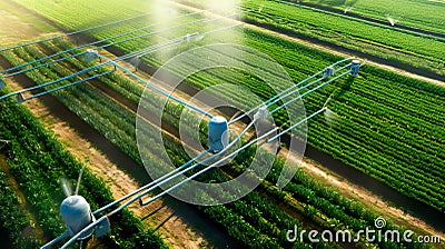 Irrigation system in action. An overhead view of a farm with a functioning modern irrigation system, showing the network Stock Photo