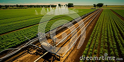 Irrigation system in action. An overhead view of a farm with a functioning modern irrigation system, showing the network Stock Photo