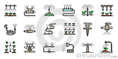 Irrigation system icons set, outline style Vector Illustration