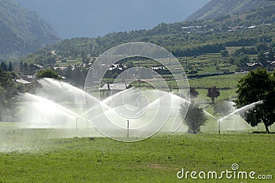Irrigation system on a mountain village with copy space for your text Stock Photo