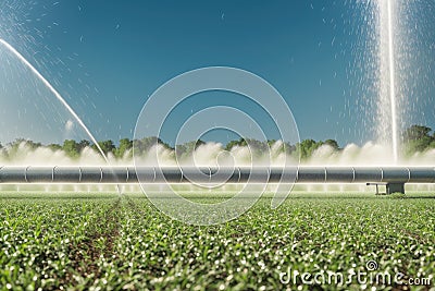 Irrigation system sprinkles water on the soil for good harvest. Sprinkler spraying agricultural field, generative ai Stock Photo