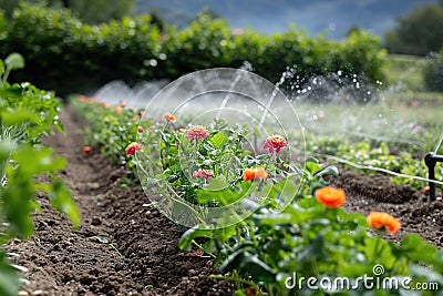 Irrigation systems such as drip irrigation, soaker hoses, and sprinkler placement based on plant types and water requirements Stock Photo